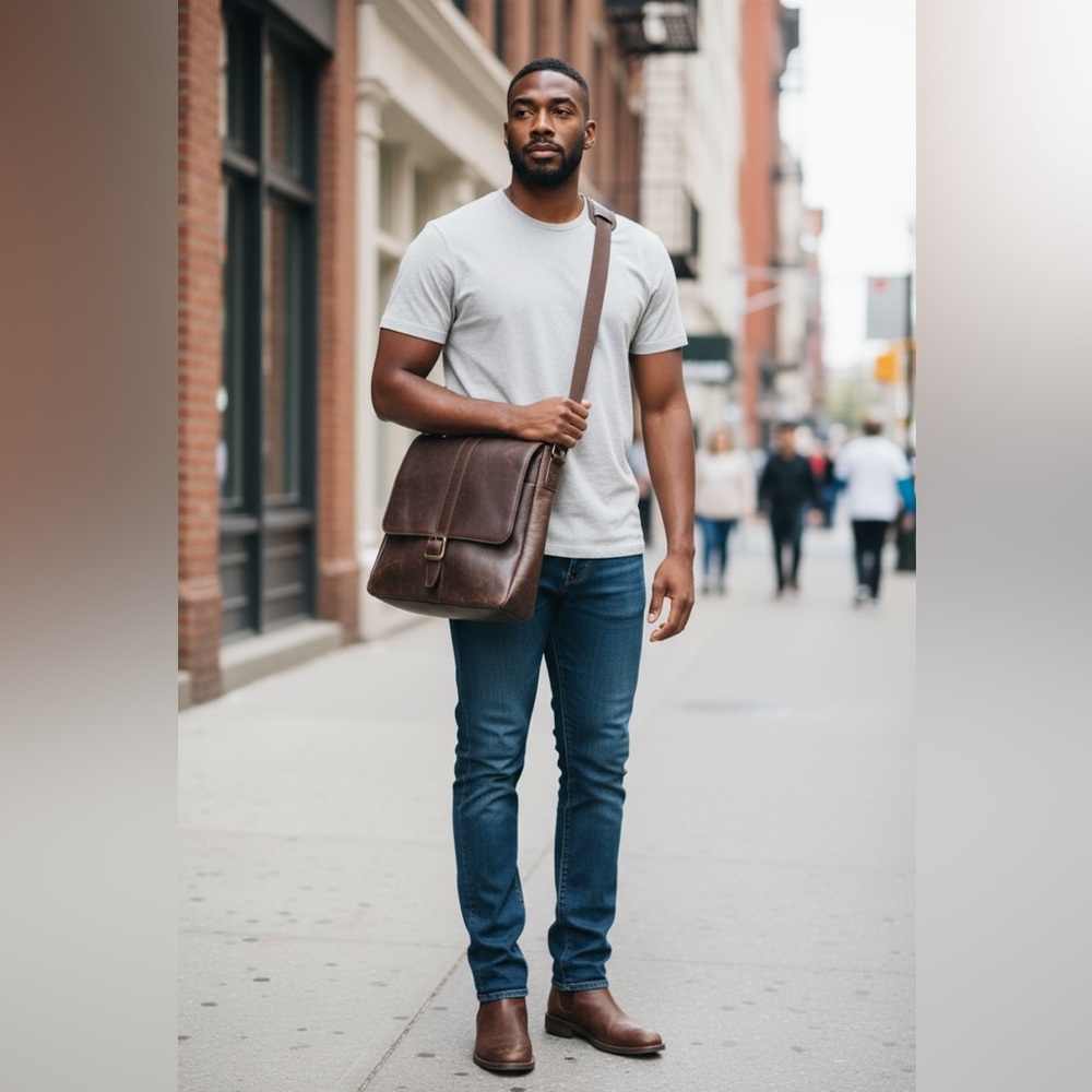 (128)Men's Brown Leather Crossbody Bag